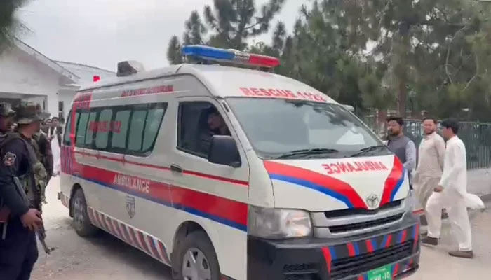 An ambulance at a school in Upper Kurram Tehsil, Khyber Pakhtunkhwa, on May 4, 2023, in this still taken from a video. — GeoNews