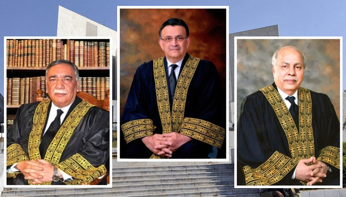 A combo of the pictures of former top judges Asif Khosa (left), Gulzar Ahmed (right) and current Chief Justice Umar Ata Bandial (centre). — Supreme Court website