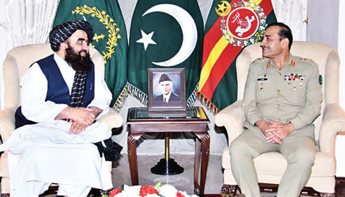 Chief of Army Staff General Syed Asim Munir speaking with Chinese Foreign Minister Qin Gang and the Afghan foreign minister.—The News