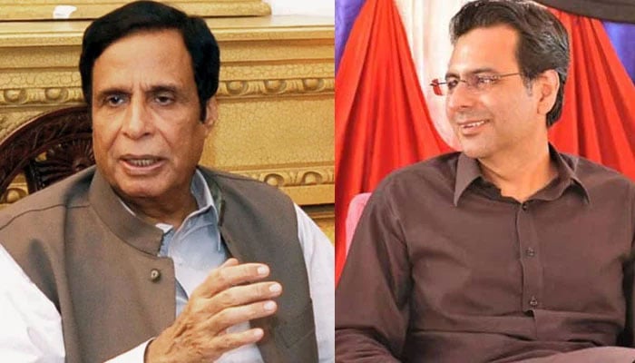 PTI President Parvez Elahi and his son Moonis Elahi.—The News/file