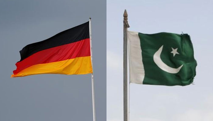 The German and Pakistani national flags are seen at the Chancellery in Berlin, Germany, May 30, 2016, and the District Malir prison, Karachi, Pakistan, August 23, 2013. —Twitter/file