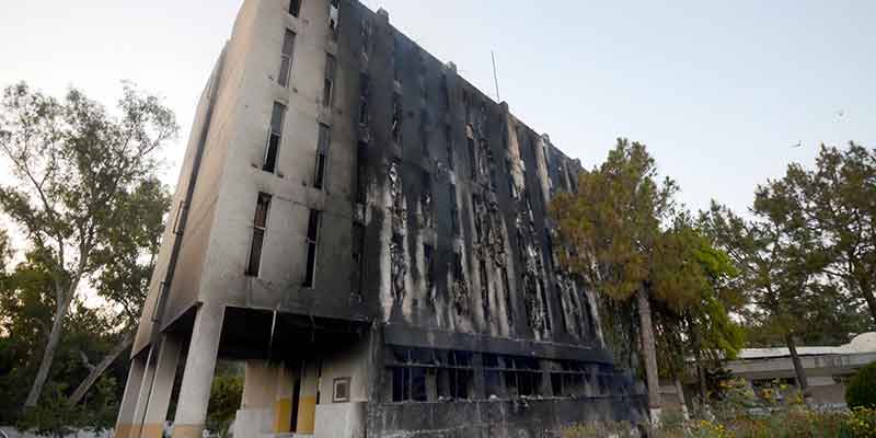 A view of charred Radio Pakistan building by angry PTI protestors during protest against arrest of Chairman PTI Imran Khan. — INP