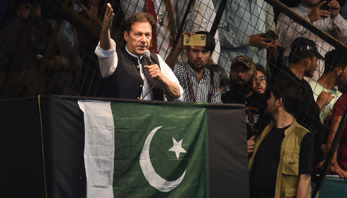 Imran Khan speaks to supporters at a rally in Lahore, Pakistan, on Aug. 13. AFP/File