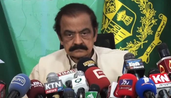 Interior Minister Rana Sanaullah addressing a press conference in Islamabad, on May 13, 2023, in this still image taken from a video. — YoutTube/PTVNewsLive
