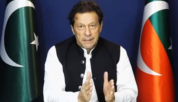 Pakistan Tehreek-e-Insaf Chairman Imran Khan addresses his party workers on May 13, 2023, in this still taken from a video. — YouTube/PTI