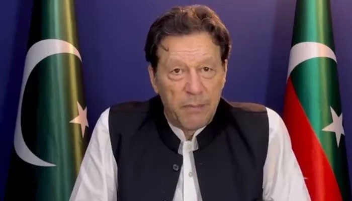 PTI Chairman Imran Khan is delivering a video message in Lahore, on May 15, 2023, in this still taken from a video. — Twitter/@ImranKhanPTI