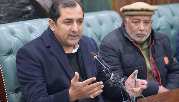 Gilgit-Baltistan Chief Minister Khalid Khurshid addressing a press conference at the CM Secretariat on January 6, 2023. —APP