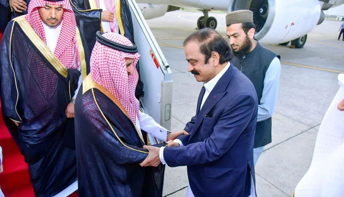 Interior Minister Rana Sanaullah greets Saudi Arabia Deputy Interior Minister Dr Nasir Bin Abdul Aziz Al-Dawood at the Nur Khan Airbase. — APP