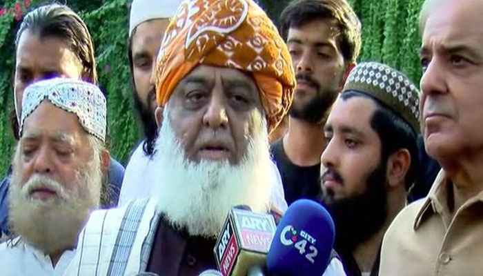 Pakistan Democratic Movement (PDM) head Maulana Fazlur Rehman talking to media. The News/File