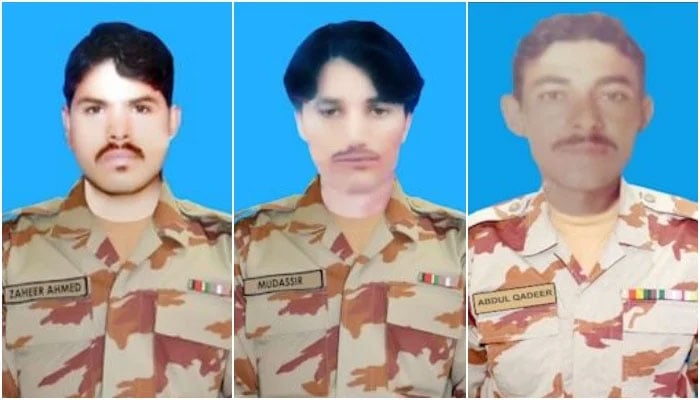 A collage of martyred soldiers, Sipahi Zameer Ahmed, Sipahi Mudassir Shaheed, and Lance Naik Abdul Qadeer. — ISPR