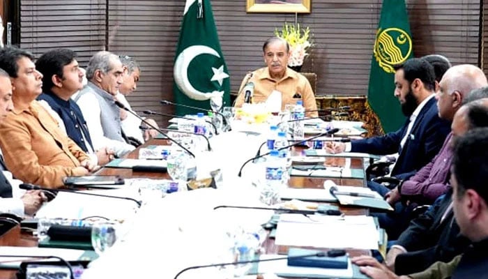 Prime Minister Shehbaz Sharif chairs a review meeting on the law and order situation in Lahore on May 21. — PID