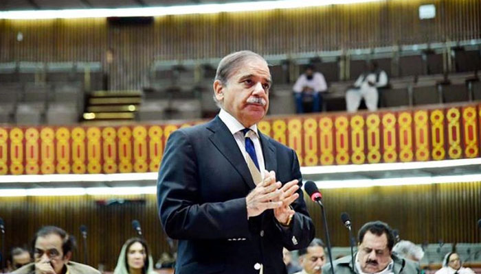 Prime Minister Muhammad Shehbaz Sharif addressing a session of the National Assembly. APP/FHA