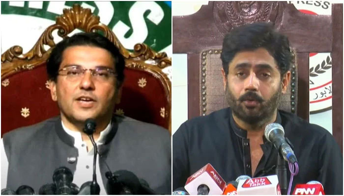 PTI leaders Saifullah Sarwar Khan Nyazee (left) and Abrarul Haq addressing press conferences in Islamabad and Lahore, respectively, on May 26, 2023, in these stills taken from videos. — YouTube/GeoNews