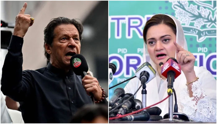 Minister for Information and Broadcasting Marriyum Aurangzeb (right) and the Pakistan Tehreek-e-Insaf Chairman Imran Khan. — AFP/APP