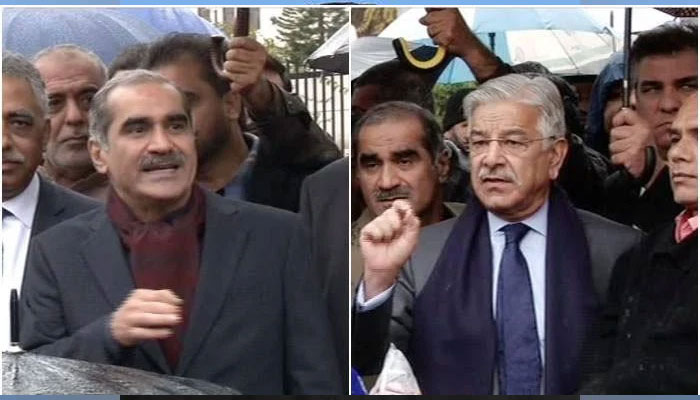 Federal ministers Khawaja Saad Rafique (Left) and Khawaja Muhammad Asif. The  News/File