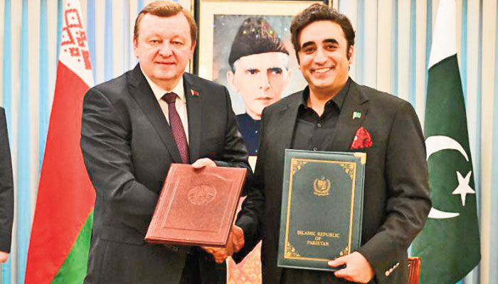 Foreign Minister of Belarus Sergei Aleinik and Pakistans Foreign Minister Bilawal Bhutto Zardari.—The News