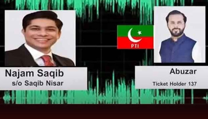 A screengrab from the video of the leaked audio conversation between Najam Saqib and PTI ticketholder Abuzar.—Twtter