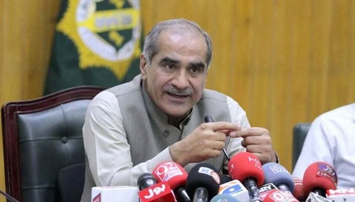 Aviation and Railways Minister Khawaja Saad Rafique talking to media persons in the divisional superintendent office at the city station in Karachi on June 23, 2022. — APP/File