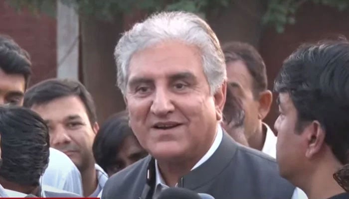 Pakistan Tehreek-e-Insaf (PTI) Vice-Chairman Shah Mahmood Qureshi addresses a press conference on June 6, 2023, in this still taken from a video. — YouTube/ Hum News live