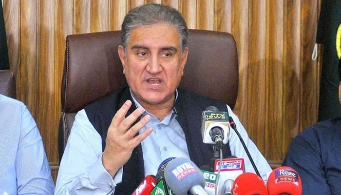 Foreign Minister Makhdoom Shah Mehmood Qureshi addressing a press conference in Multan, on June 12, 2021. — APP/File