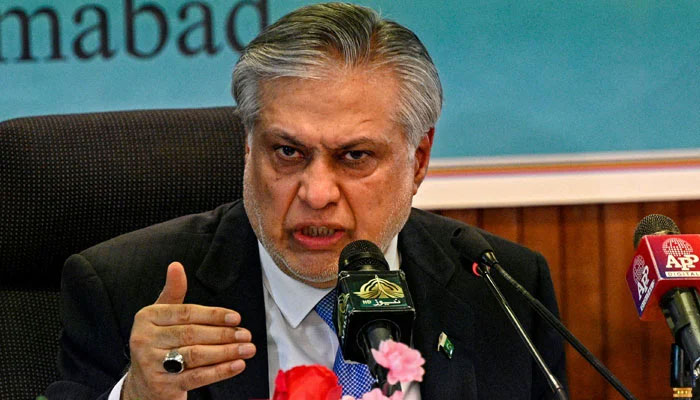 Finance Minister Ishaq Dar speaks while presenting the Pakistan Economic Survey for fiscal year 2022-23, in Islamabad on June 8, 2023. — AFP