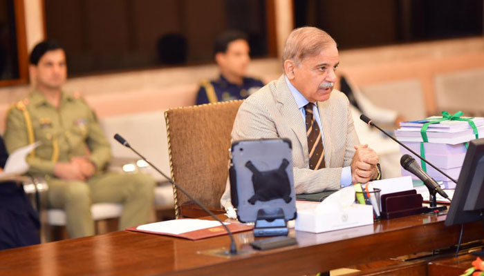 Prime Minister Shehbaz Sharif addressing the federal cabinet ahead of the federal budget on June 9, 2023. PID