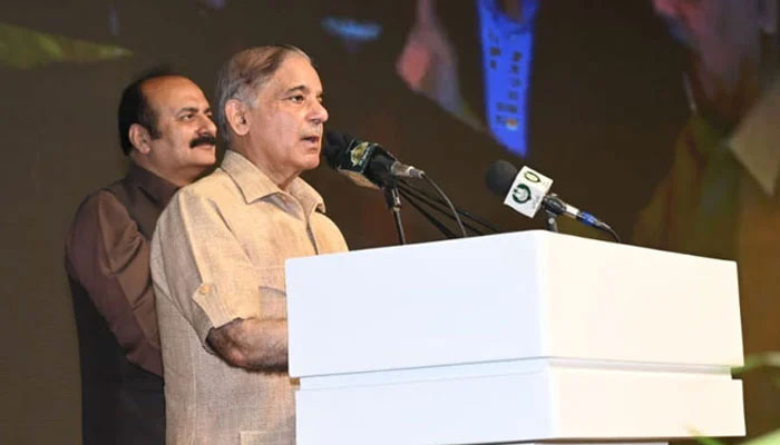Prime Minister Shehbaz Sharif addresses during his visit of Sabzazar Sports Complex in Lahore on June 11, 2023.— PID