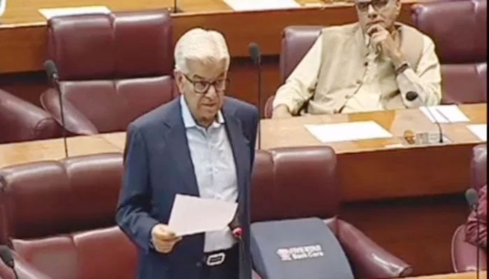 Defense Minister Khawaja Asif addresses the National Assembly on June 12, in this still taken from a video. —YouTube/@NAofPakistan