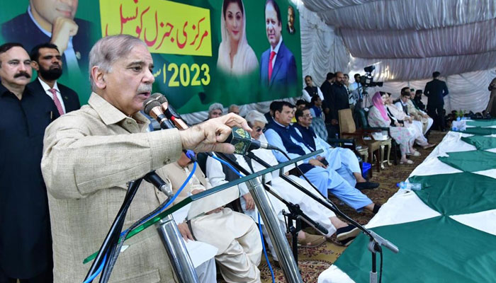 PM and PMLN president Shehbaz Sharif attends the partys Central General Council meeting in the partys secretariat in Islamabad on June 17, 2023. PID