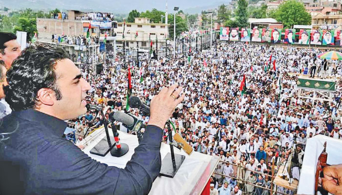 PPP Chairman Bilawal Bhutto Zardari addressing a public gathering here on Saturday. —NNI
