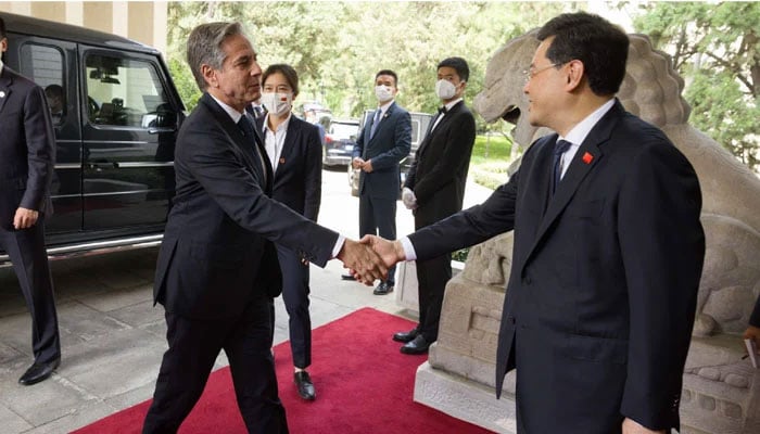 Chinese Foreign Minister Qin Gang greeted Blinken and his group at the door to a villa in the grounds of Beijings Diaoyutai State Guest House on Sunday, June 18. — Twitter/@SecBlinken