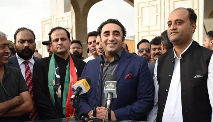 Pakistan Peoples Party (PPP) Chairman and Foreign Minister Bilawal Bhutto Zardari addressing the media persons after Mayor Karachi Murtaza Wahabs oath-taking ceremony in Karachi on June 19, 2023. — PPP