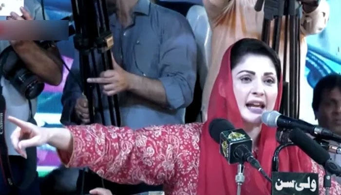 PML-N Vice President Maryam Nawaz addressing a jalsa in Sargodha, on May 19, 2022. — YouTube/PTV
