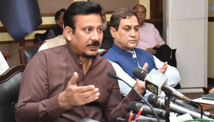 Federal Minister for Maritime Affairs Faisal Sabzwari addressing a press conference at KP on June 23, 2023. PID