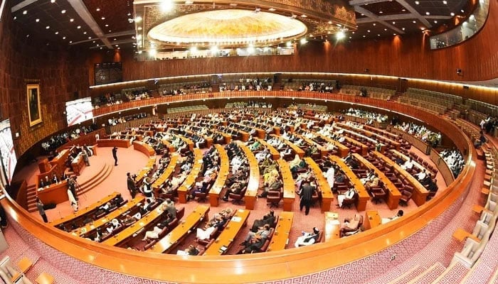 A view of the National Assembly session underway with Speaker Raja Pervez Ashraf in the chair, on April 10, 2023. — Twitter/NAofPakistan