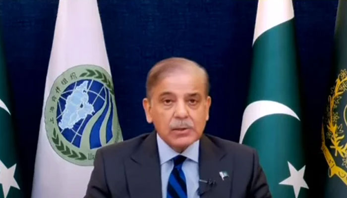 PM Shehbaz Sharif virtually addressing the 23rd meeting of Shanghai Cooperation Organisation (SCO) Council of Heads of State on July 4, 2023. — YouTube/PTV screengrab