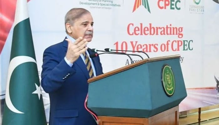 Prime Minister Shehbaz Sharif addressing a ceremony commemorating the 10th anniversary of the CPEC agreement on Wednesday, July 5. — Twitter/@PTVNewsOfficial