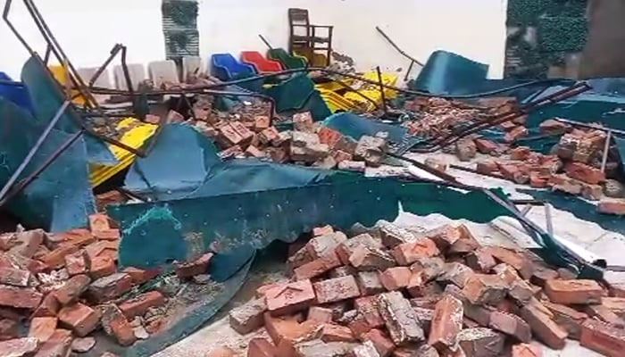 The destruction caused by a wall collapse at Government Mozang Teaching Hospital in Lahore, on July 6, 2023, in this still taken from a video. — Geo News