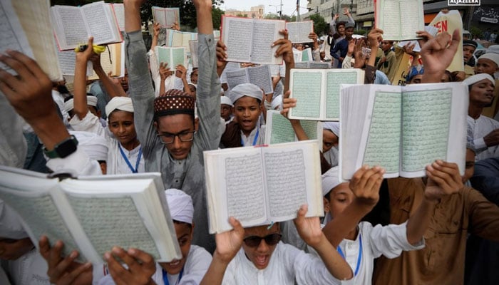 People protesting against the desecration of the Holy Quran in Sweden across Pakistan on July 7, 2023. Twitter/AJEnglish