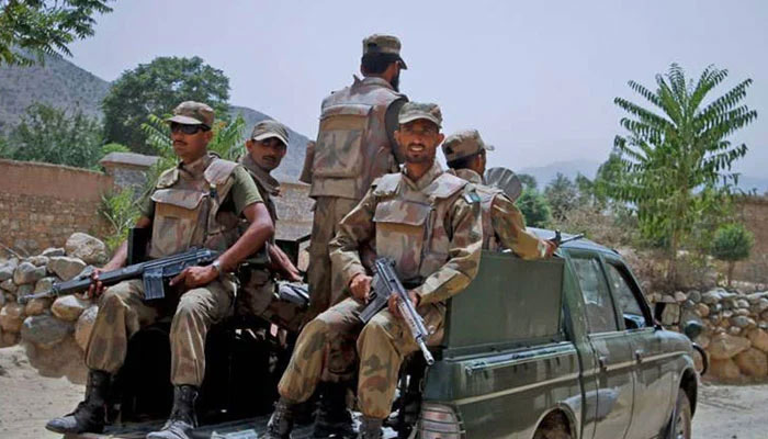 Pakistan Army personnel seen patrolling in an area. — Radio Pakistan/File