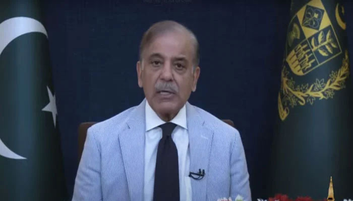 Prime Minister Shehbaz Sharif addressing the nation on July 13, 2023, — YouTube/Geo News