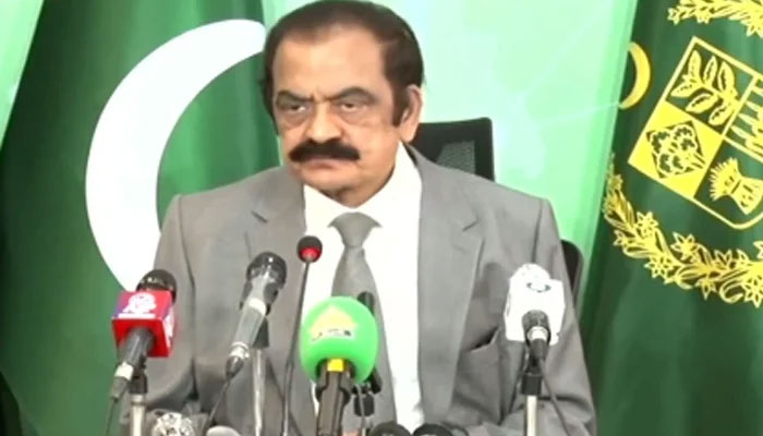 Interior Minister Rana Sanaullah is addressing a press conference in Islamabad in this still taken from a video on July 19, Wednesday. — GeoNews/YouTube