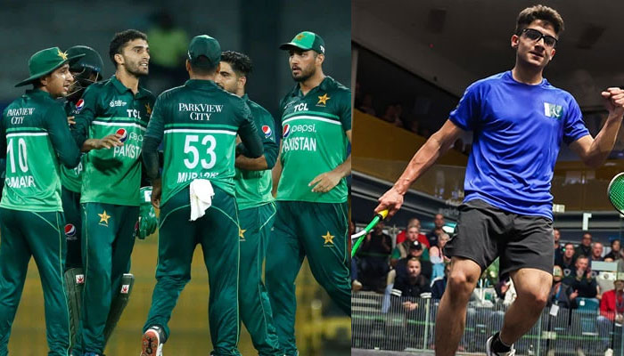 Pakistani players celebrate after dismissing an Indian batsman (L) and Hamza Khan celebrates after final win in World Junior Squash Championship on July 23, 2023. — PCB/Twitter/@World Squash .