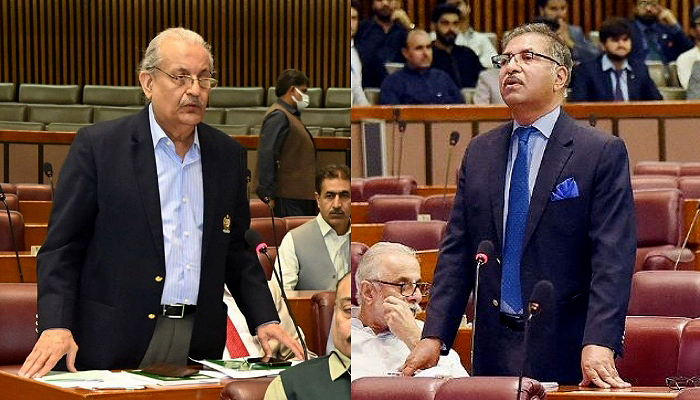 Senators Raza Rabbani (PPP) and Ali Zafar (PTI) speak on the floor of the assembly during the joint session of the Parliament on July 25, 2002. —NA Twitter