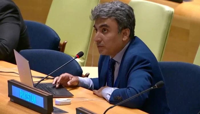 Pakistan Mission Counsellor Bilal Chaudhry speaks after the adoption of the resolution on “Promoting interreligious and intercultural dialogue and tolerance in countering hate speech” on July 25, 2023. — Twitter/@PakistanUN_NY