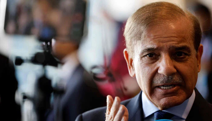 Prime Minister Shehbaz Sharif talking to the media. — AFP/File
