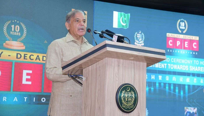 Prime Minister Shehbaz Sharif addresses the ceremony organised to honour the contribution of Chinese companies operating in Pakistan under CPEC on August 7, 2023. — PID