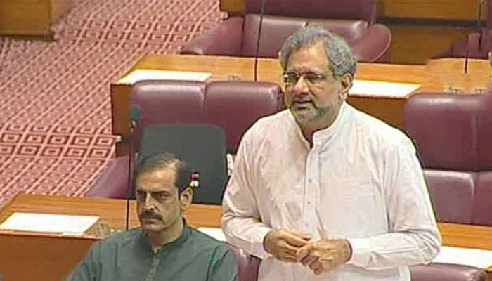Former premier Shahid Khaqan Abbasi speaks in the National Assembly. — PTV screengrab