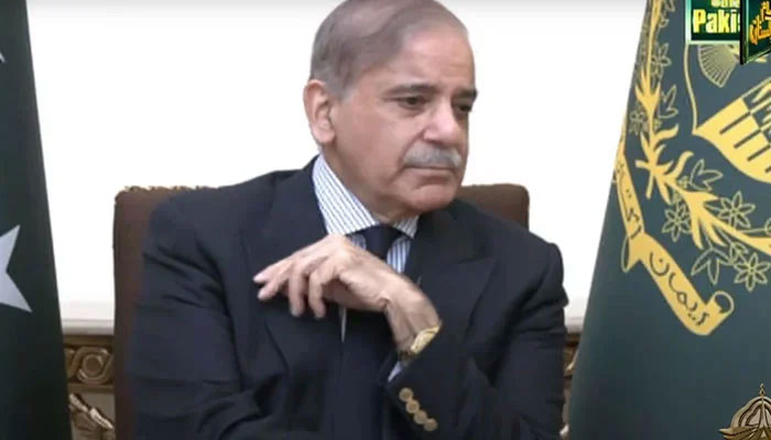 Prime Minister Shehbaz Sharif talking to the state-run television PTV on August 11, 2023. Screenshot of a YouTube video.
