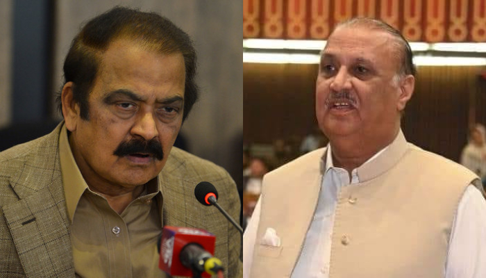 Former interior minister Rana Sanaullah (L) can be seen speaking at a press conference while former opposition leader Raja Riaz speaks in the parliament house in Islamabad. — AFP/Facebook/Files